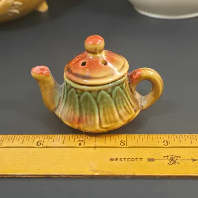 LOT 48: Art Deco Coffee/Tea Pot Exclusive Deluxe Sales New York, Vintage Footed Teapot with Fall Harvest Fruit Theme, and Miniature...