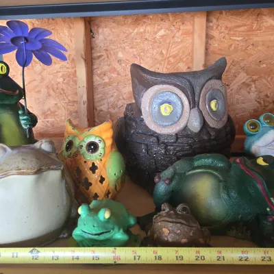 LOT 127: Garage Finds/ Multiple Frog and 2 Owl Garden Statues