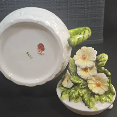 LOT 52: Ceramic Floral Teapot with Branch Handle and Spout, Vintage 1985 Teleflora Morning Glory Teapot, Lefton Rustic Daisy Basket-weave...