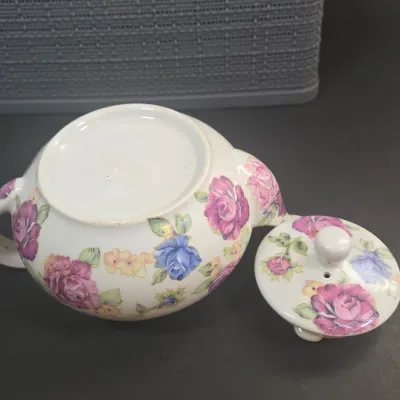 LOT 52: Ceramic Floral Teapot with Branch Handle and Spout, Vintage 1985 Teleflora Morning Glory Teapot, Lefton Rustic Daisy Basket-weave...