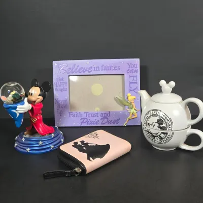 LOT 97: Sorcerer Mickey Mouse "Where Magic Lives" Snow Globe Figurine, Cinderella Wallet, Teapot for One Set, Picture Frame,...