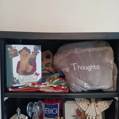 LOT 17: Large Collection of Winter / Christmas Decor - Throw Blankets, Decorative Mini Trees & Home Decor (cabinet NOT included)