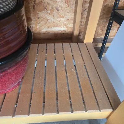 LOT 125: Solid Wooden Potting Table with Drawers and Wheels/48×24×37"/ and Multiple Pots
