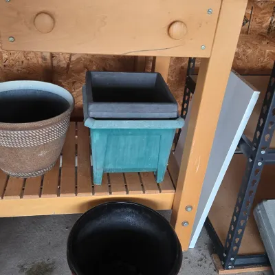 LOT 125: Solid Wooden Potting Table with Drawers and Wheels/48×24×37"/ and Multiple Pots