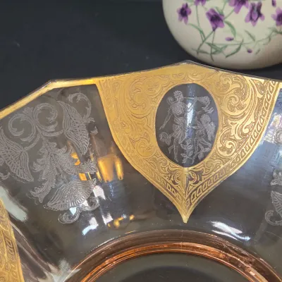 LOT 90: Vintage Amber-tinted Glass Serving Bowl, Hand-Painted and Signed Decorative Plate, 4 Ruffles Seville Ceramics Bone China Mugs,...