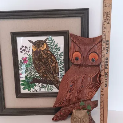 LOT 119: Vintage Solid Brass Owl Sculpture, Wood Owl Plaque & Framed Owl Print