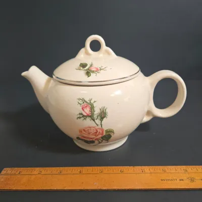 LOT 47: Whimsical Frog Teapot, Harry and David Limited Edition White W/ Raised Red Roses Floral Ceramic Teapot, and Ceramic Teapot from...