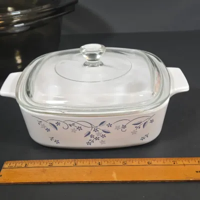 LOT 96: Vintage Corning Ware Blue Cornflower Covered Casserole Dishes & Square Baking Pan, Provincial Blue Square Casserole Dish, and...
