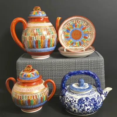 LOT 42: Vintage Blue and White Chinese Teapot and Japanese " Thousand Faces" Porcelain Tea Set