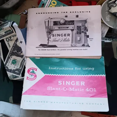 LOT 16: Singer Slant-O-Matic 401A Sewing Machine in Table with Bench & Crafting Accessories