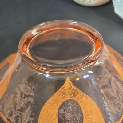 LOT 90: Vintage Amber-tinted Glass Serving Bowl, Hand-Painted and Signed Decorative Plate, 4 Ruffles Seville Ceramics Bone China Mugs,...