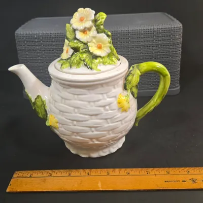 LOT 52: Ceramic Floral Teapot with Branch Handle and Spout, Vintage 1985 Teleflora Morning Glory Teapot, Lefton Rustic Daisy Basket-weave...