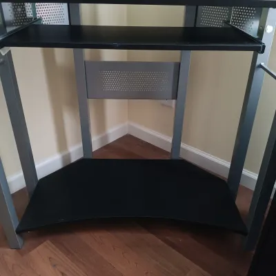 LOT 14: Office Collection - Corner Computer Desk, Filing Cabinet, Rolling Storage Cart with Office Supplies & Sentinel Paper Shredder