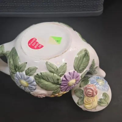 LOT 52: Ceramic Floral Teapot with Branch Handle and Spout, Vintage 1985 Teleflora Morning Glory Teapot, Lefton Rustic Daisy Basket-weave...