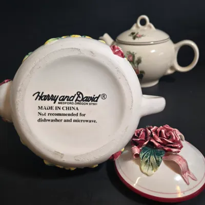 LOT 47: Whimsical Frog Teapot, Harry and David Limited Edition White W/ Raised Red Roses Floral Ceramic Teapot, and Ceramic Teapot from...