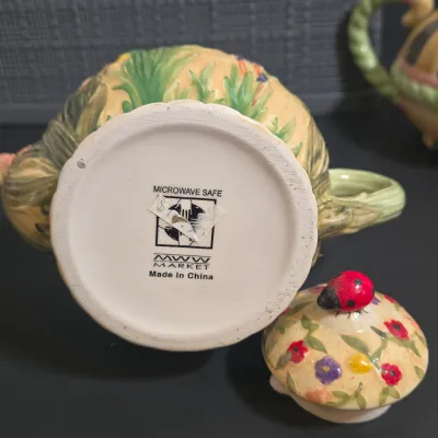LOT 40: Oneida Kitchen Country Bouquet Hand Painted Mini Teapot, Fairytale Princess Teapot, MWW Market Spring Flowers & Ladybug...