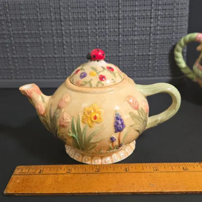 LOT 40: Oneida Kitchen Country Bouquet Hand Painted Mini Teapot, Fairytale Princess Teapot, MWW Market Spring Flowers & Ladybug...