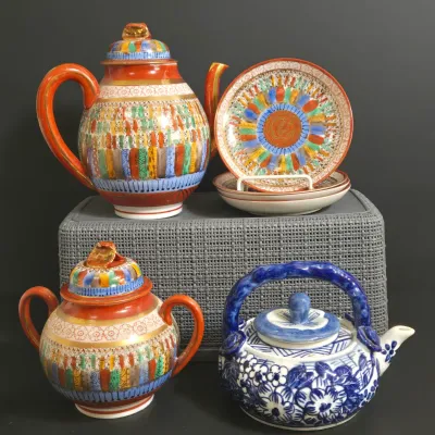LOT 42: Vintage Blue and White Chinese Teapot and Japanese " Thousand Faces" Porcelain Tea Set