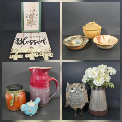 LOT 92: Home Decor Including Botanical Print Signed by Artist C. L. Britzke-Neil, Hand-crafted Stoneware Bowls, Pitcher, & Lidded...