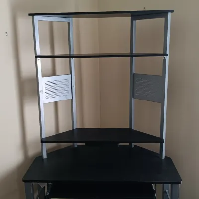 LOT 14: Office Collection - Corner Computer Desk, Filing Cabinet, Rolling Storage Cart with Office Supplies & Sentinel Paper Shredder