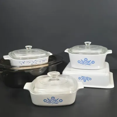 LOT 96: Vintage Corning Ware Blue Cornflower Covered Casserole Dishes & Square Baking Pan, Provincial Blue Square Casserole Dish, and...