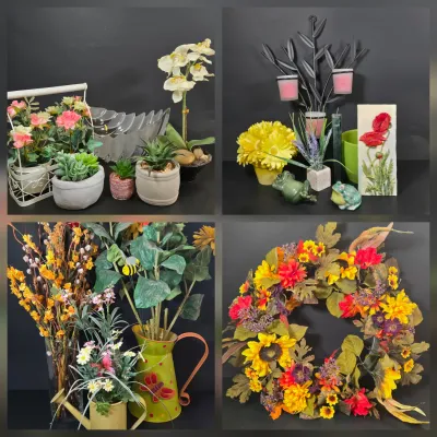 LOT 91: Faux Flower Decor, Vintage Clear and Frosted Leaf-shaped Decorative Bowl, Ceramic Frog Figurines, and More
