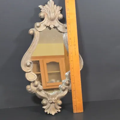 LOT 85: Ornate Wall Mirror, Handmade Hanging Ornament, Clear Glass Dragon & Turtle, Miniature Ceramic Dog, 2 Traditional Wooden Dala...