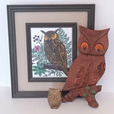 LOT 119: Vintage Solid Brass Owl Sculpture, Wood Owl Plaque & Framed Owl Print