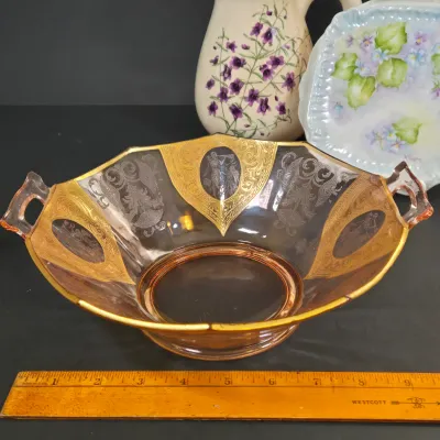 LOT 90: Vintage Amber-tinted Glass Serving Bowl, Hand-Painted and Signed Decorative Plate, 4 Ruffles Seville Ceramics Bone China Mugs,...