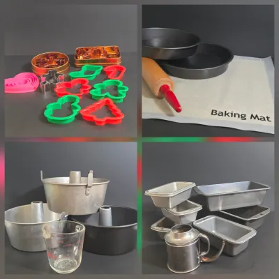 LOT 31: Various Sized Loaf Pans, Vintage Stainless Steel Flour Sifter, 3 Angel Food Cake Pans, Fire King Glass Measuring Cup, Silicone...