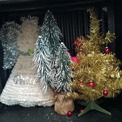 LOT 17: Large Collection of Winter / Christmas Decor - Throw Blankets, Decorative Mini Trees & Home Decor (cabinet NOT included)