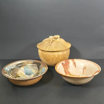 LOT 92: Home Decor Including Botanical Print Signed by Artist C. L. Britzke-Neil, Hand-crafted Stoneware Bowls, Pitcher, & Lidded...
