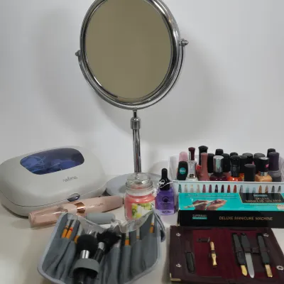 LOT 106: Manicure Kit, Nail Drills, Polishes, Makeup Brushes, Magnifying Mirror, and More