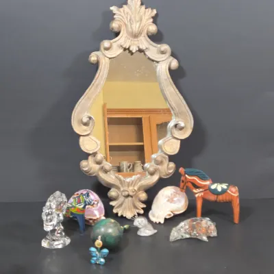 LOT 85: Ornate Wall Mirror, Handmade Hanging Ornament, Clear Glass Dragon & Turtle, Miniature Ceramic Dog, 2 Traditional Wooden Dala...