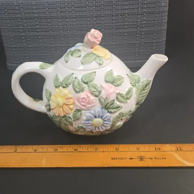 LOT 52: Ceramic Floral Teapot with Branch Handle and Spout, Vintage 1985 Teleflora Morning Glory Teapot, Lefton Rustic Daisy Basket-weave...