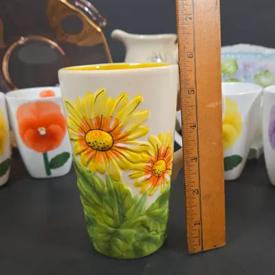LOT 90: Vintage Amber-tinted Glass Serving Bowl, Hand-Painted and Signed Decorative Plate, 4 Ruffles Seville Ceramics Bone China Mugs,...