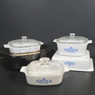 LOT 96: Vintage Corning Ware Blue Cornflower Covered Casserole Dishes & Square Baking Pan, Provincial Blue Square Casserole Dish, and...
