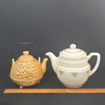 LOT 48: Art Deco Coffee/Tea Pot Exclusive Deluxe Sales New York, Vintage Footed Teapot with Fall Harvest Fruit Theme, and Miniature...