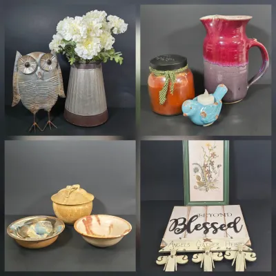 LOT 92: Home Decor Including Botanical Print Signed by Artist C. L. Britzke-Neil, Hand-crafted Stoneware Bowls, Pitcher, & Lidded...