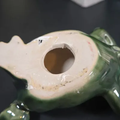 LOT 91: Faux Flower Decor, Vintage Clear and Frosted Leaf-shaped Decorative Bowl, Ceramic Frog Figurines, and More