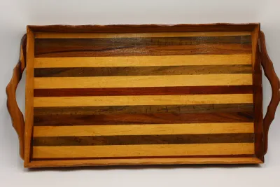 Handcrafted Mixed-Wood Serving Tray with Handles