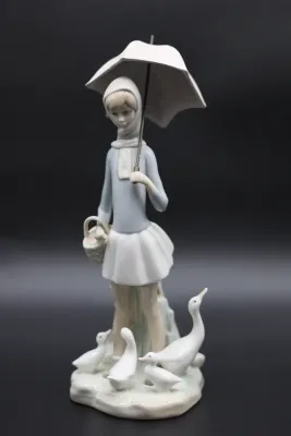 Lladró Girl with Umbrella & Geese Porcelain Figurine