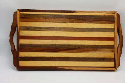Handcrafted Mixed-Wood Serving Tray with Handles