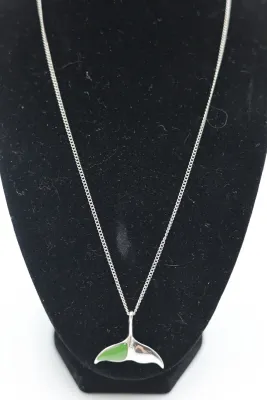 Sterling Silver Whale Tail Pendant Necklace with Green Inlay