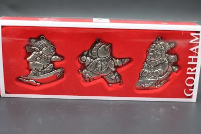 Gorham Nickel-Plated Snowmen Christmas Ornaments – Set of 3 with Box