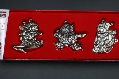 Gorham Nickel-Plated Snowmen Christmas Ornaments – Set of 3 with Box