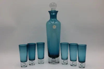 Block Crystal Blue Decanter & 6 Cordial Glasses
