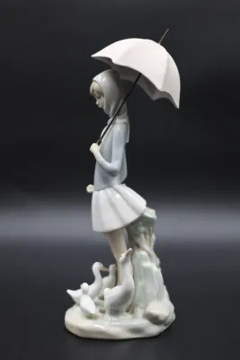 Lladró Girl with Umbrella & Geese Porcelain Figurine