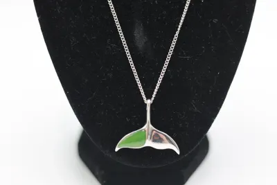 Sterling Silver Whale Tail Pendant Necklace with Green Inlay