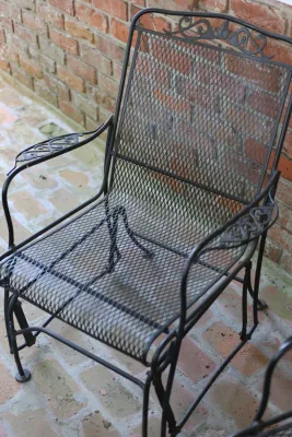 Pair of Vintage Wrought Iron Mesh Patio Glider Chairs